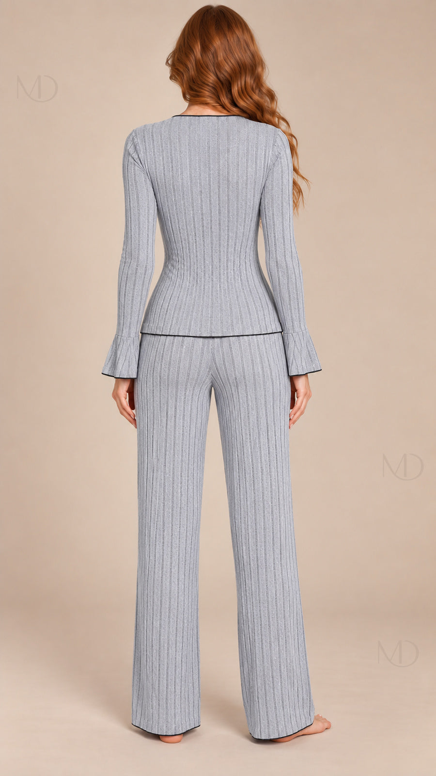 Vera Ribbed Bow Pajama Set grey model back