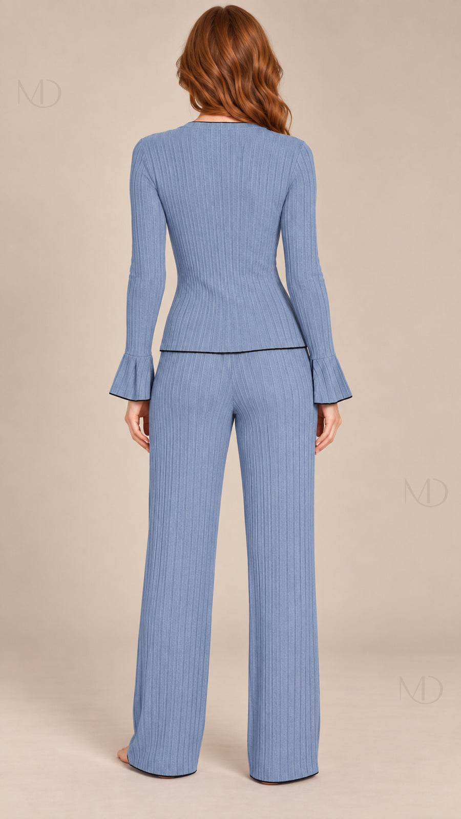 Vera Ribbed Bow Pajama Set light blue model back