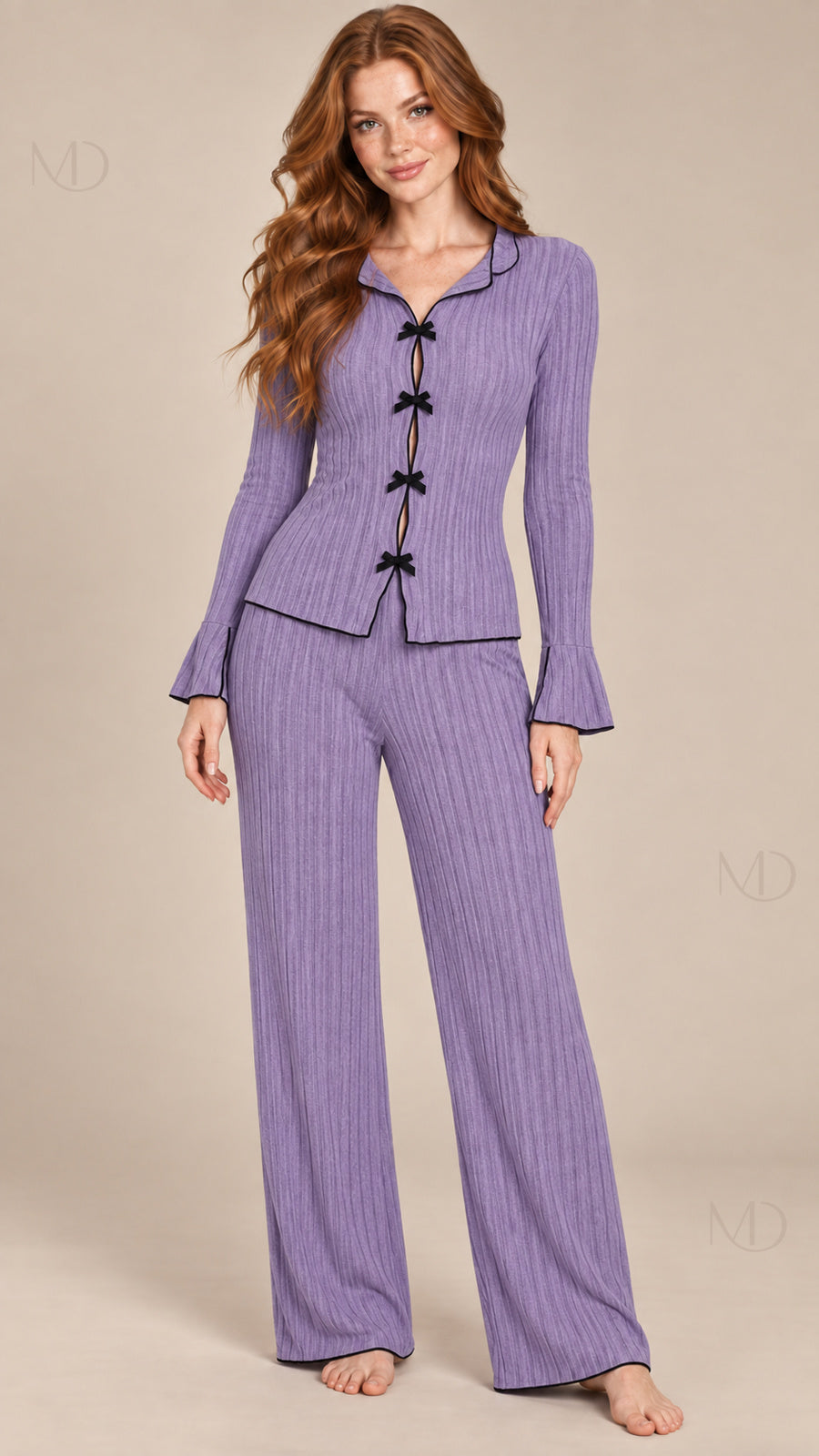 Vera Ribbed Bow Pajama Set purple model front