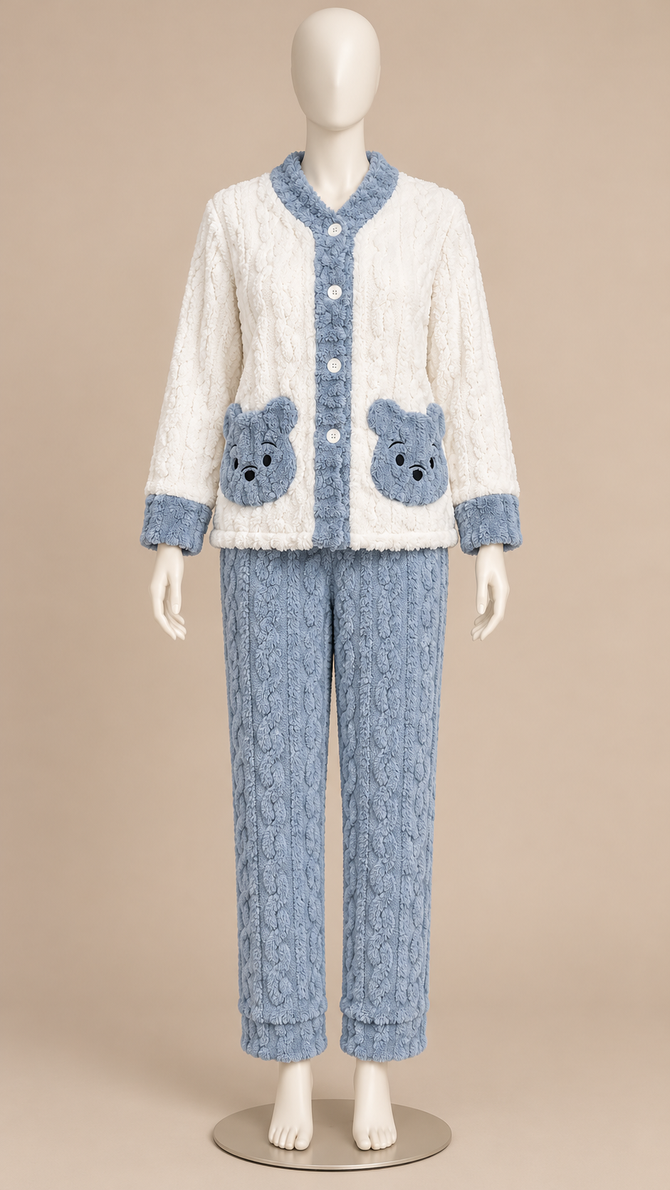 Nanette Bear-Pocket Pajama Set — White and blue mannequin front