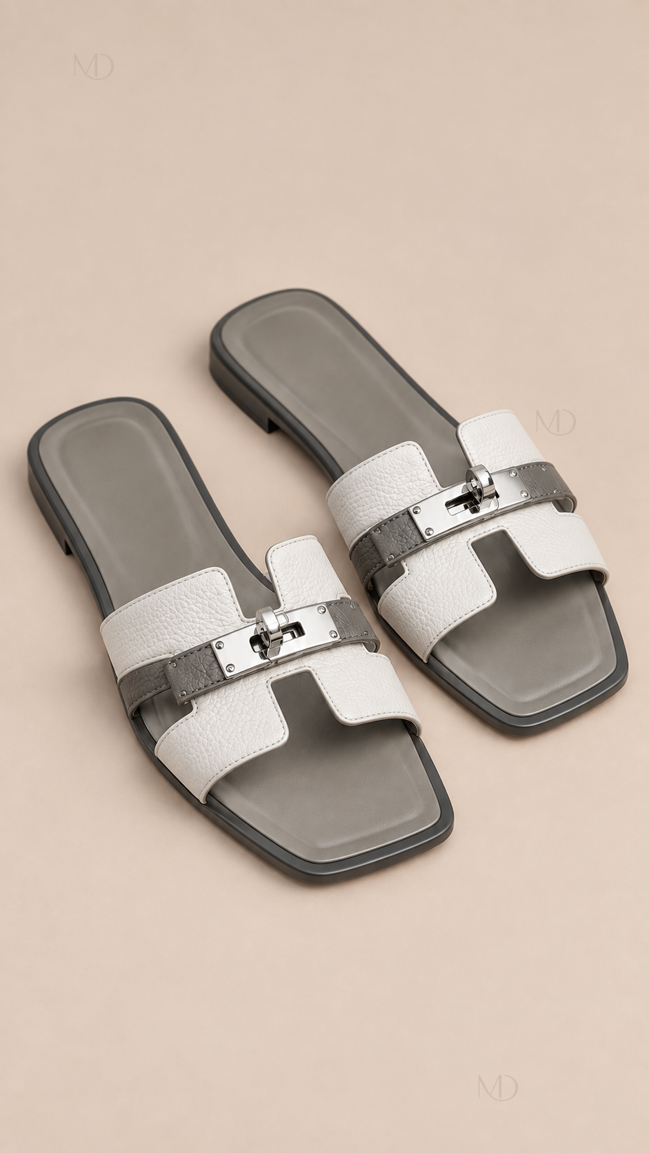 Odette Buckle Flat Slides — White Gray product only