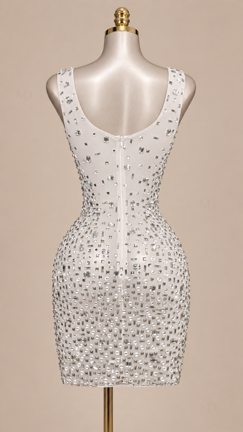 Celeste Rhinestone Mini Dress — White mannequin back