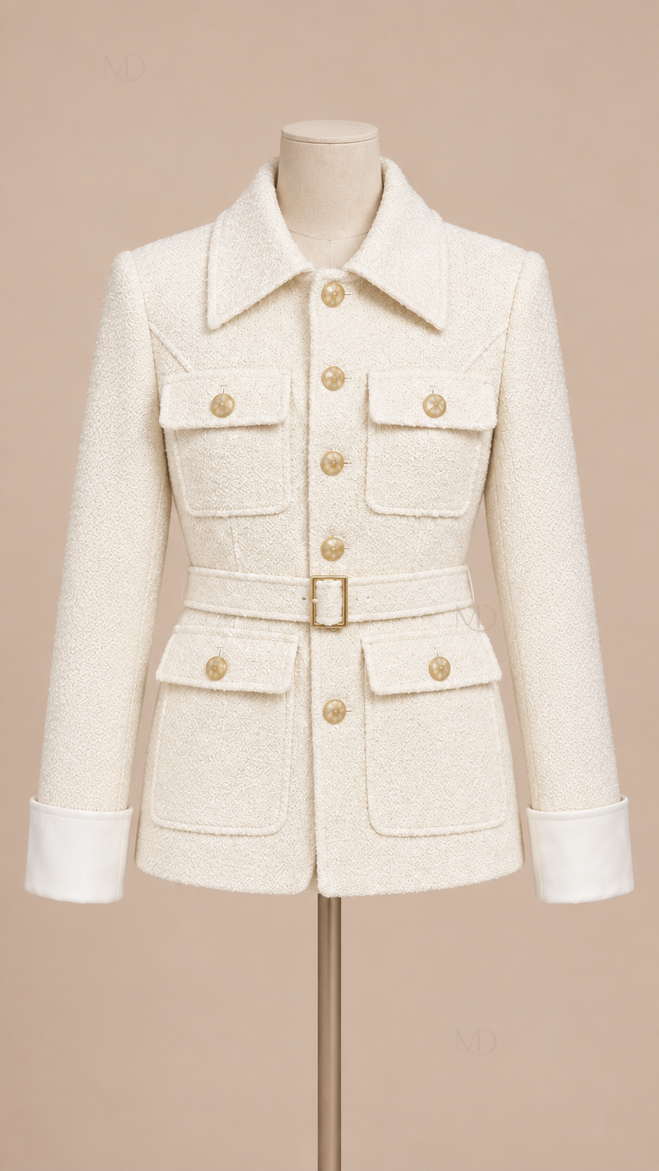 Colette Belted Tweed Jacket — White mannequin front