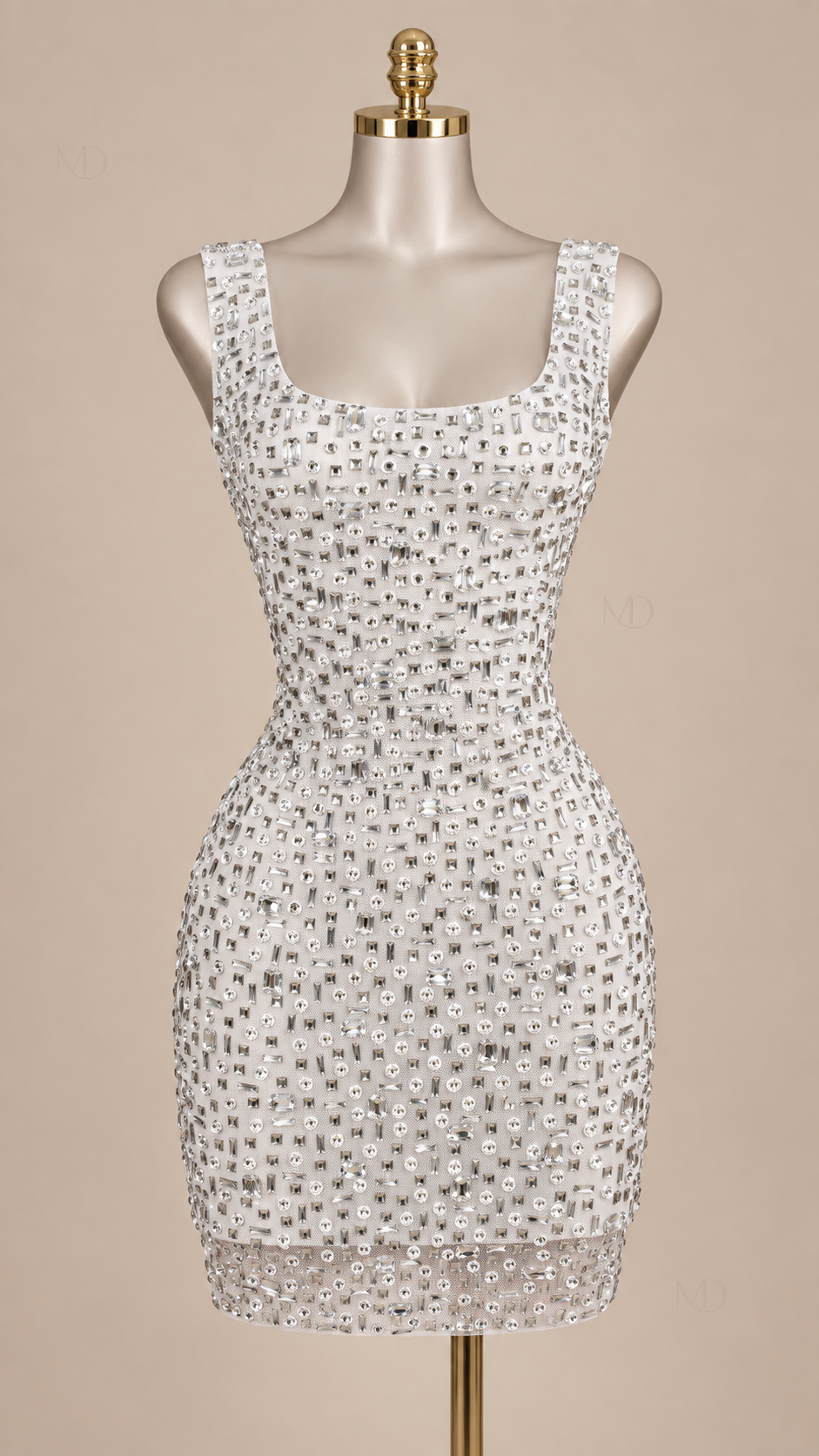 Celeste Rhinestone Mini Dress — White mannequin front