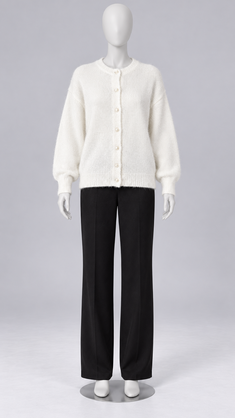 Celestine Shell-Button Cardigan — White mannequin front