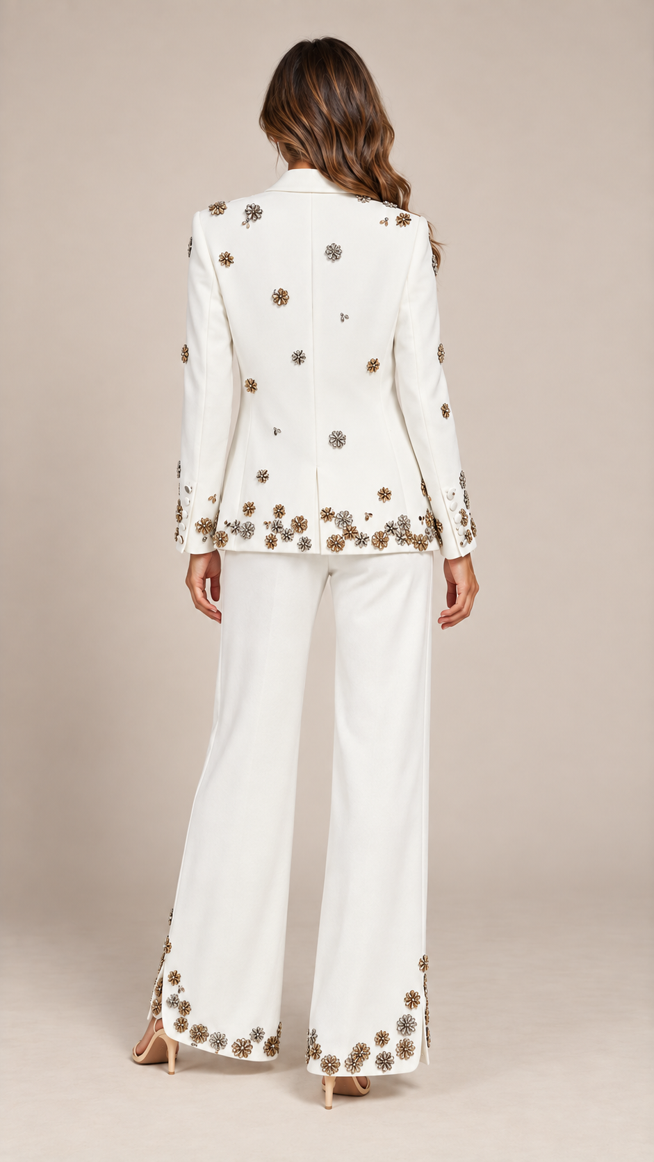 Delphine Beaded Blazer Suit — White model back