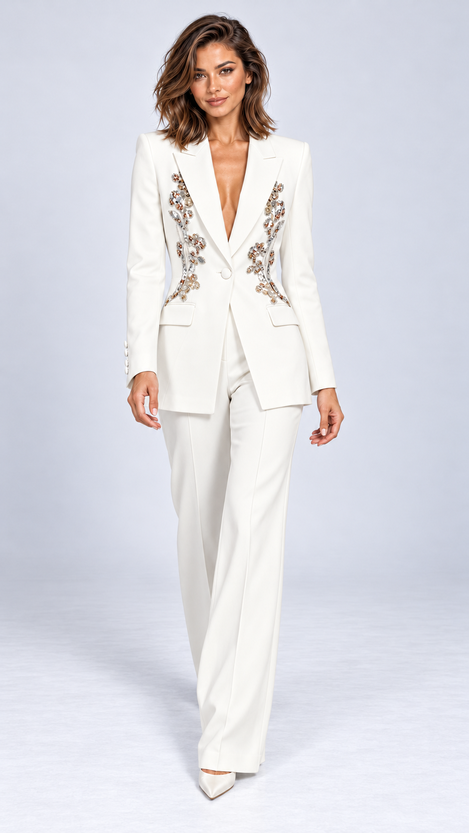 Rowena Sequin-Vine Suit Set — White model front