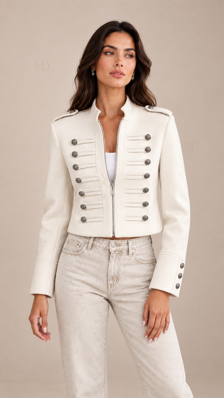 Sloane Military Cropped Jacket — White model front