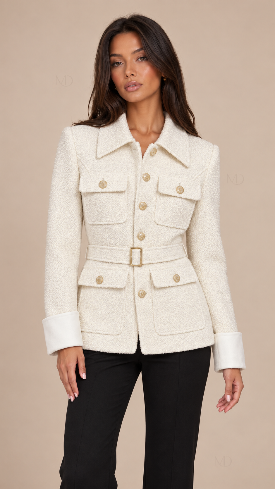 Colette Belted Tweed Jacket — White model front