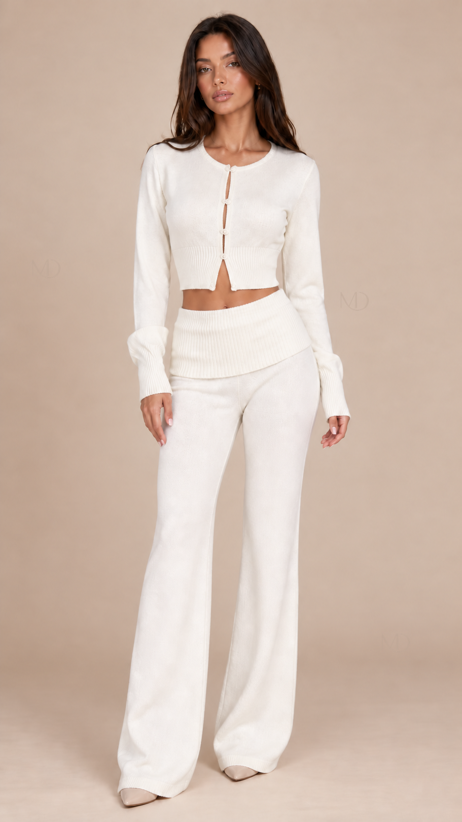 Mila Cropped Cardigan Pants Set — White model front