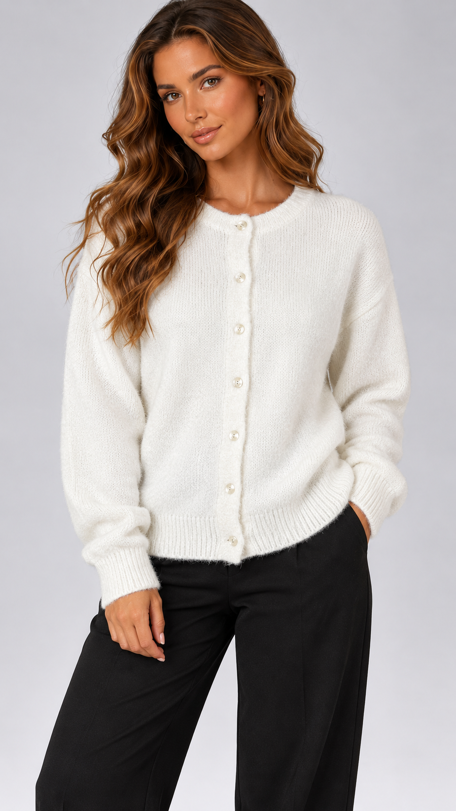 Celestine Shell-Button Cardigan — White model front