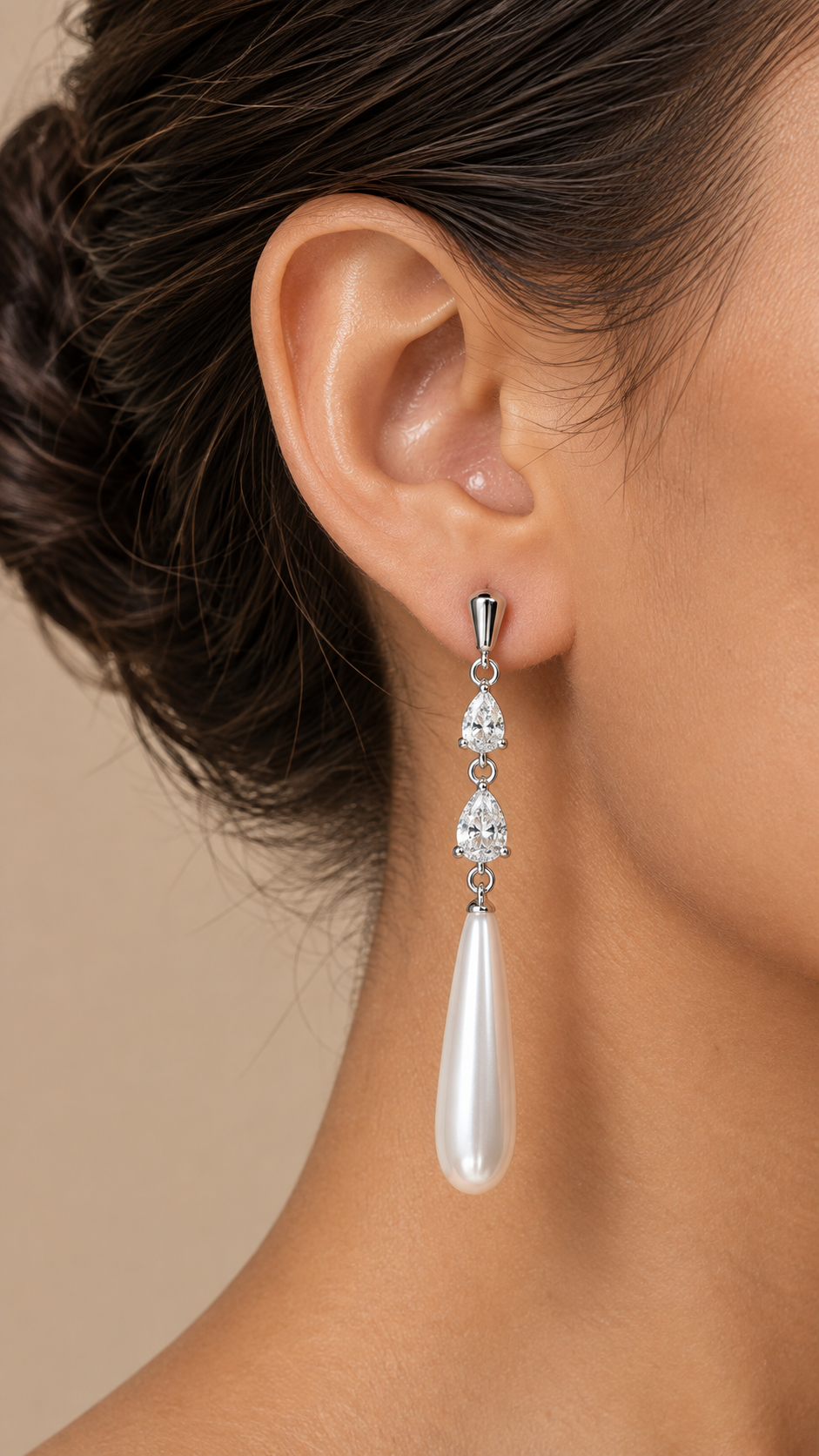Odette Pearl Drop Earrings — White worn closeup