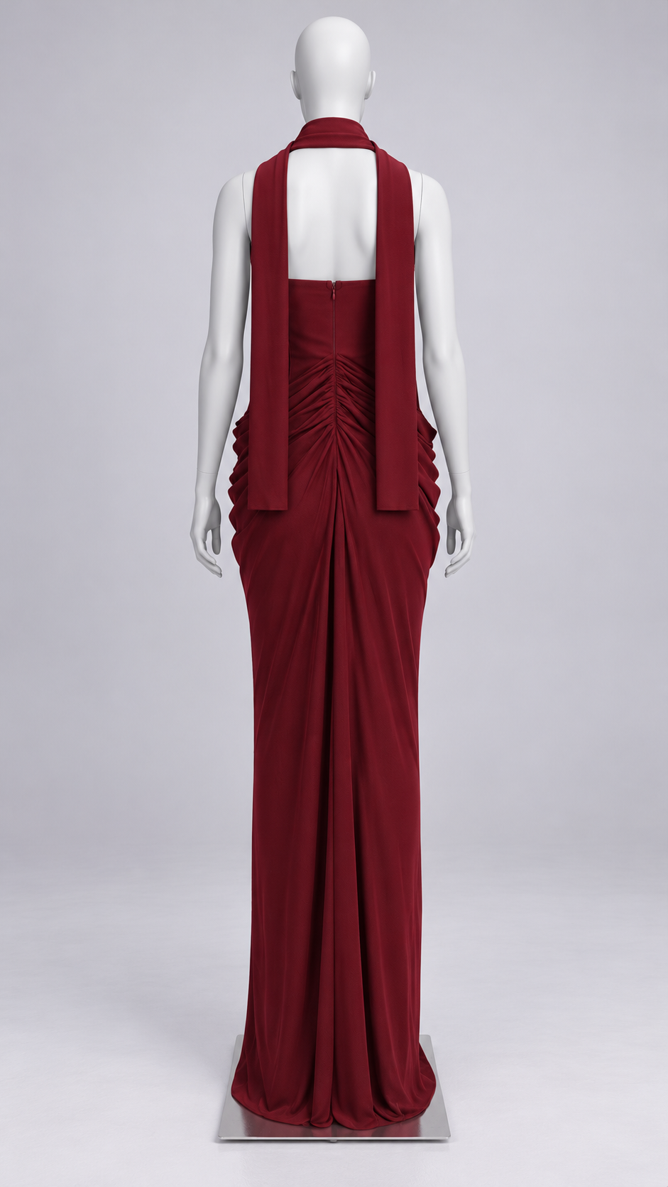 Clementia Ruched Maxi — Wine red mannequin back