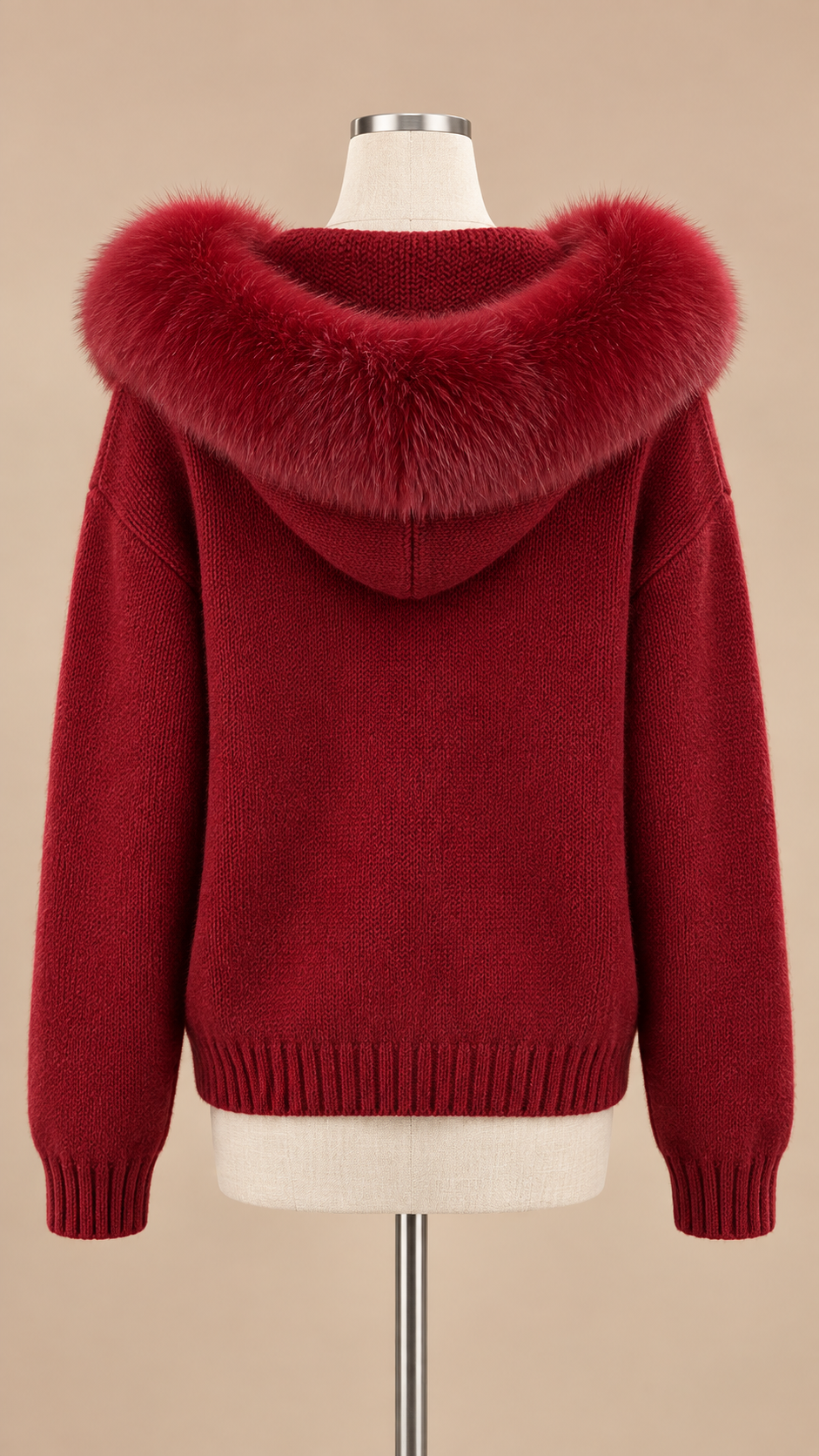 Sable Fox-Collar Cardigan — Wine red mannequin back