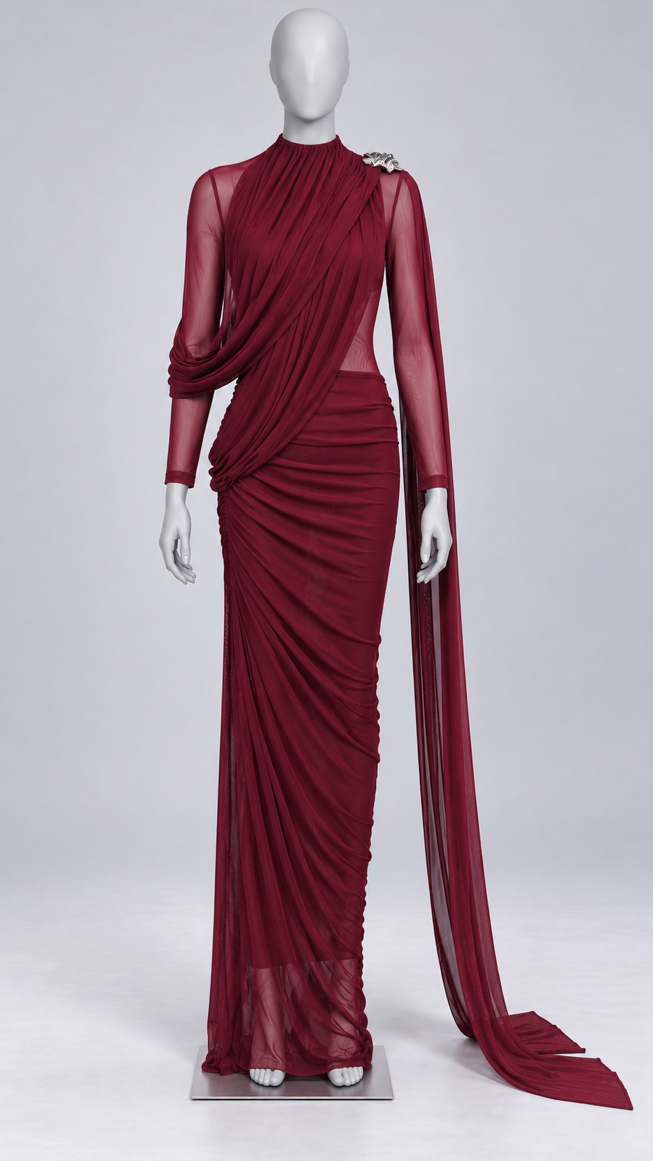 Lavinia Drape-Sash Maxi — Wine red mannequin front