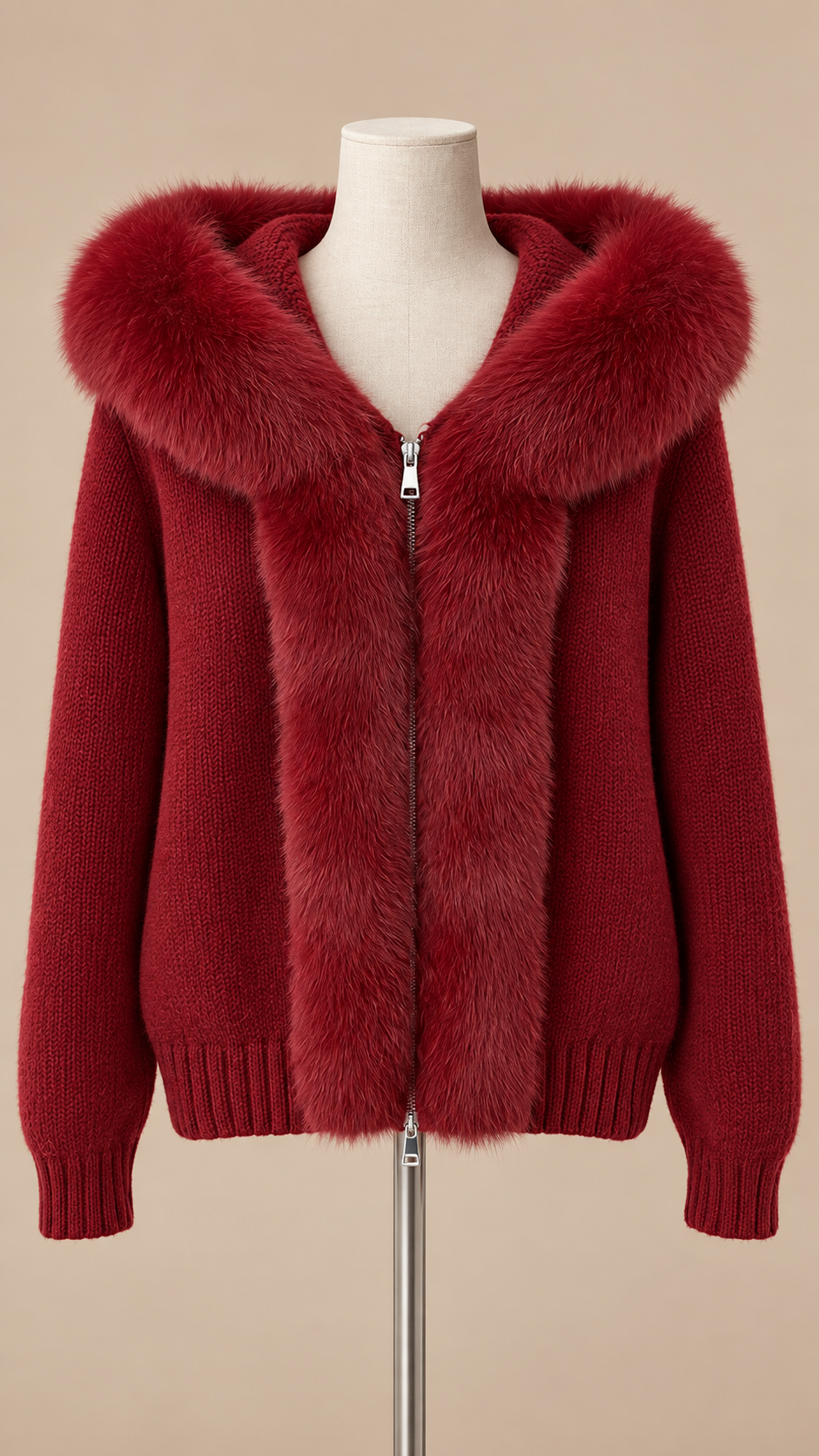 Sable Fox-Collar Cardigan — Wine red mannequin front