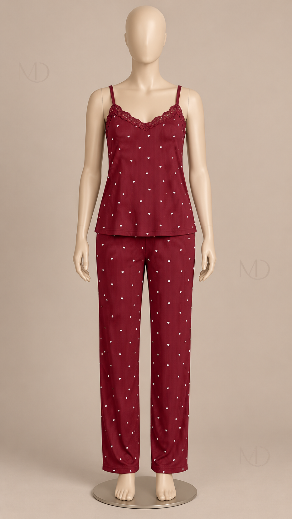 Fiammetta Heart-Dot Cami Pajamas — Wine red mannequin front