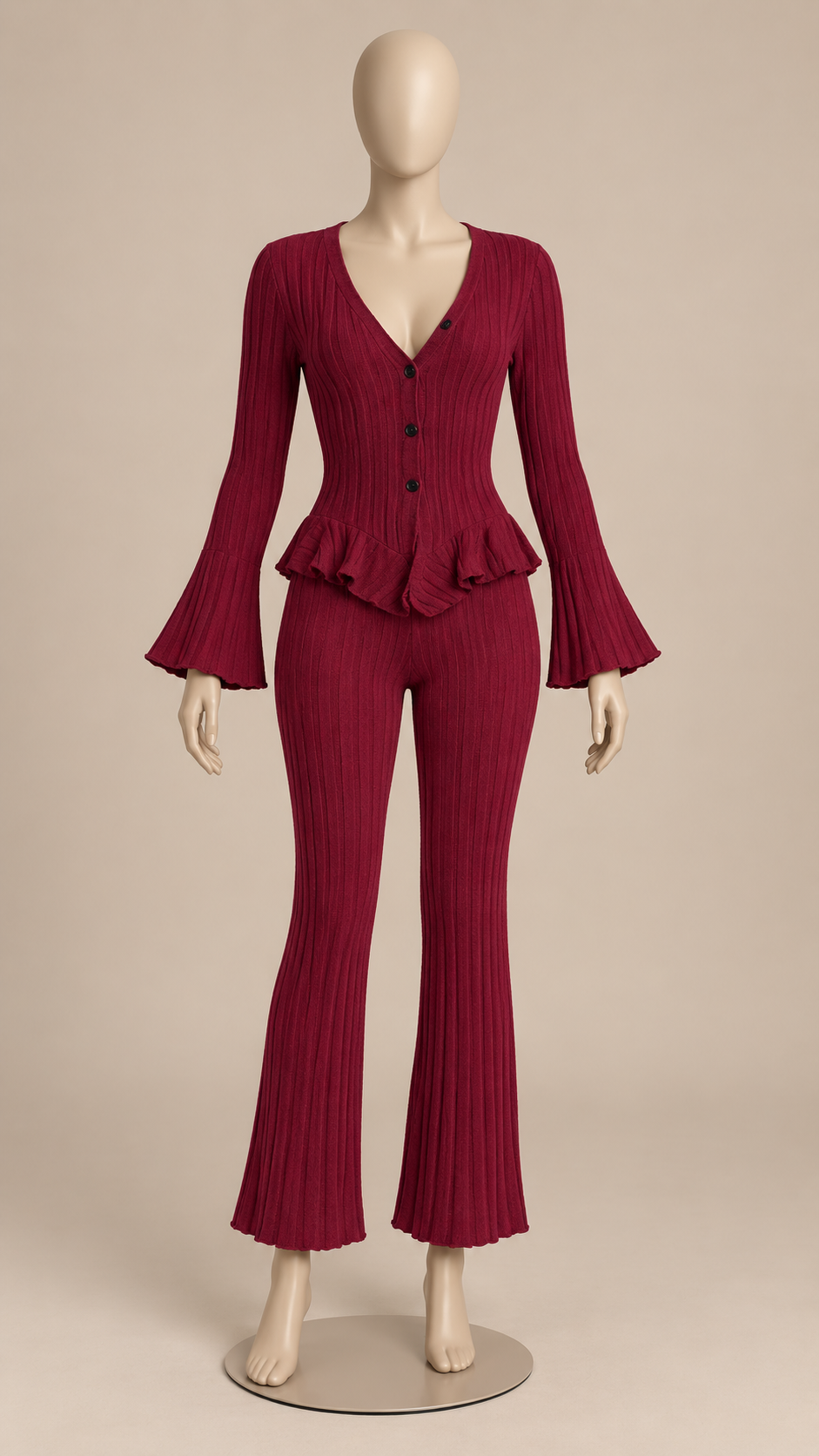 Pascaline Bell-Sleeve Set — Wine red mannequin front