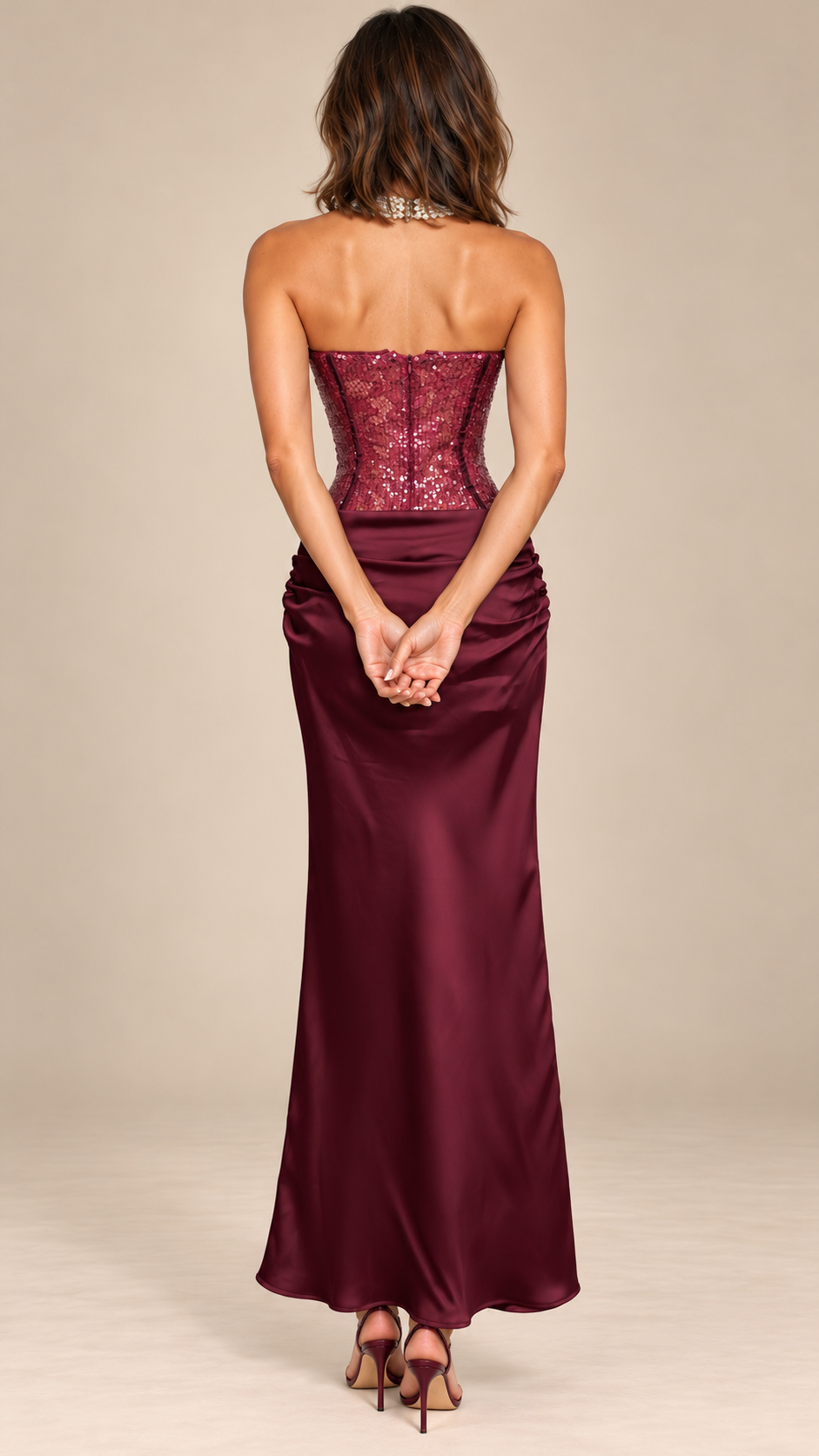Aurora Sequin-Bustier Maxi — Wine red model back