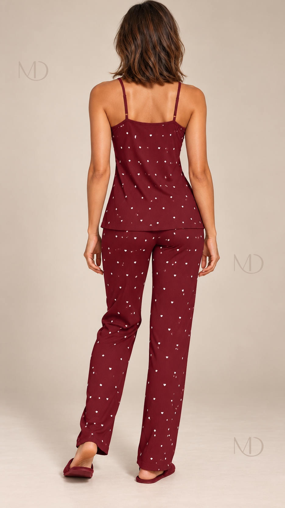 Fiammetta Heart-Dot Cami Pajamas — Wine red model back
