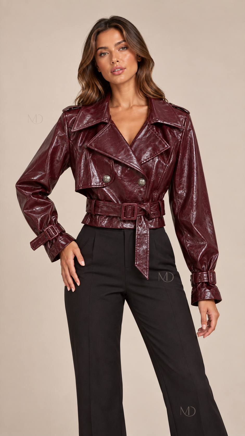 Sloane Cropped Moto Jacket — Wine red model front