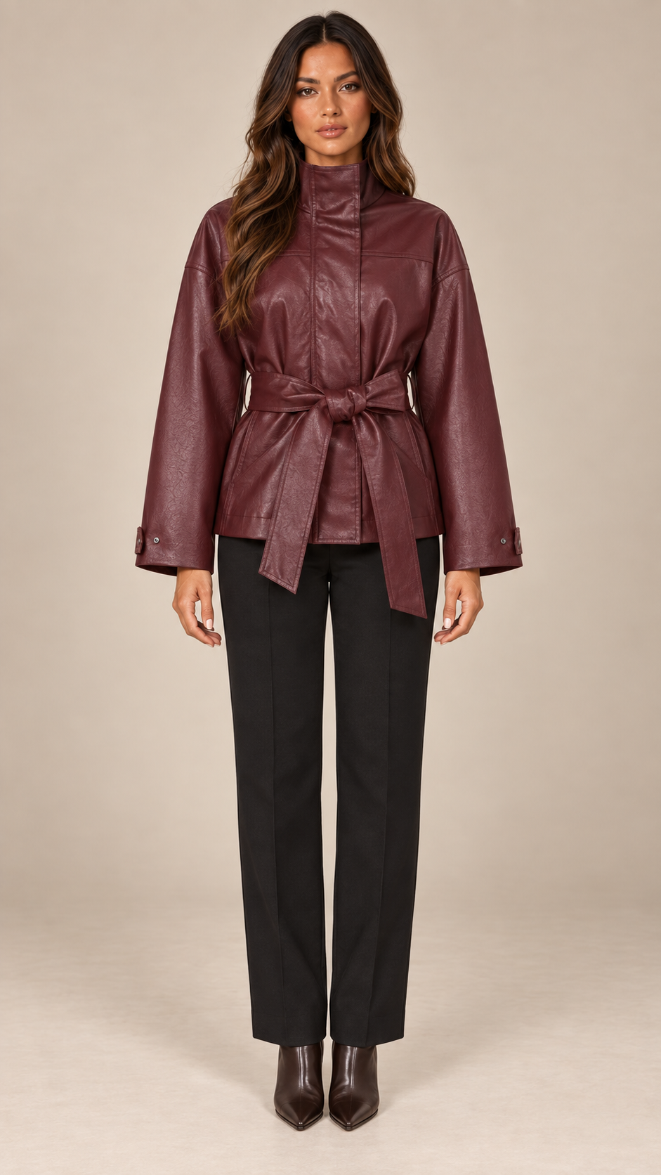 Vivienne Belted Moto Jacket — Wine red model front