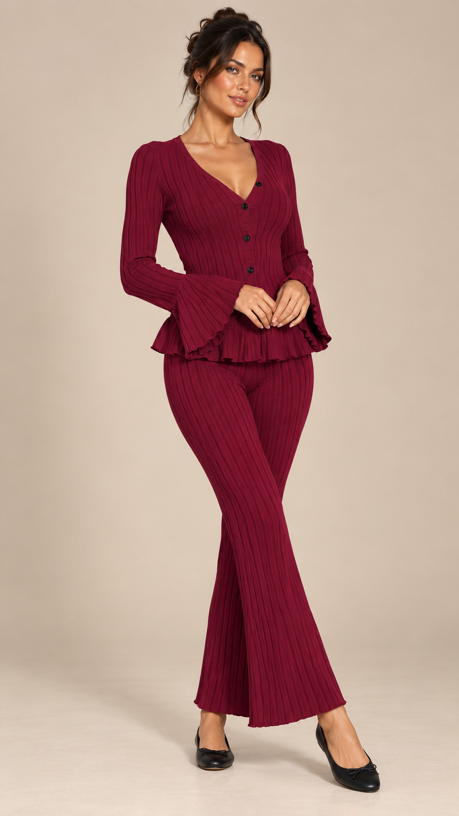 Pascaline Bell-Sleeve Set — Wine red model front