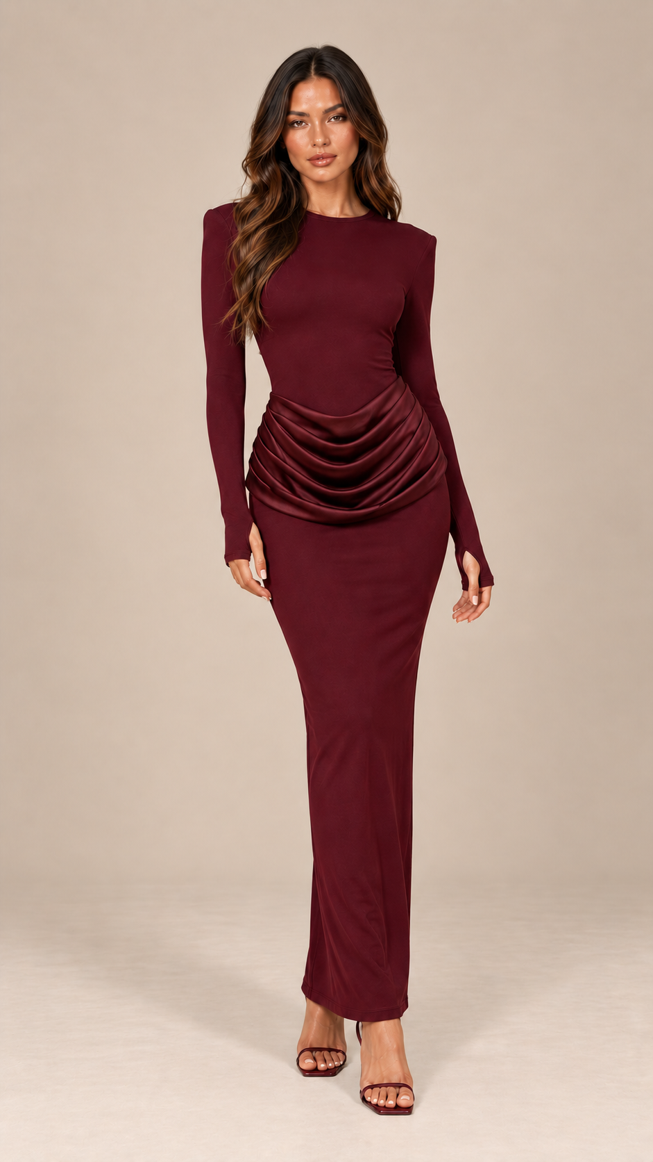 Marnie Ruched Maxi — Wine red model front