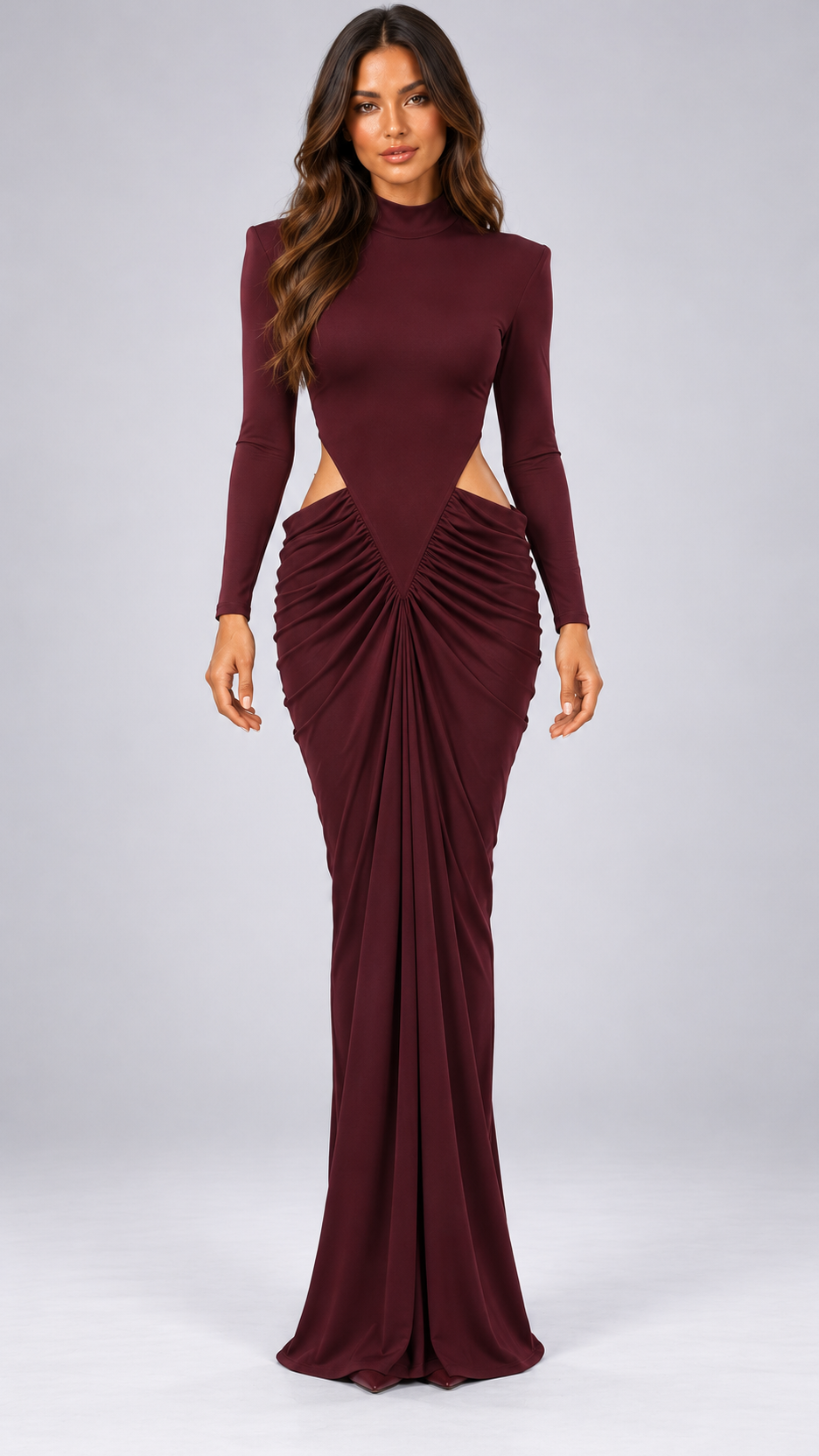 Evangeline Cutout Maxi — Wine red model front