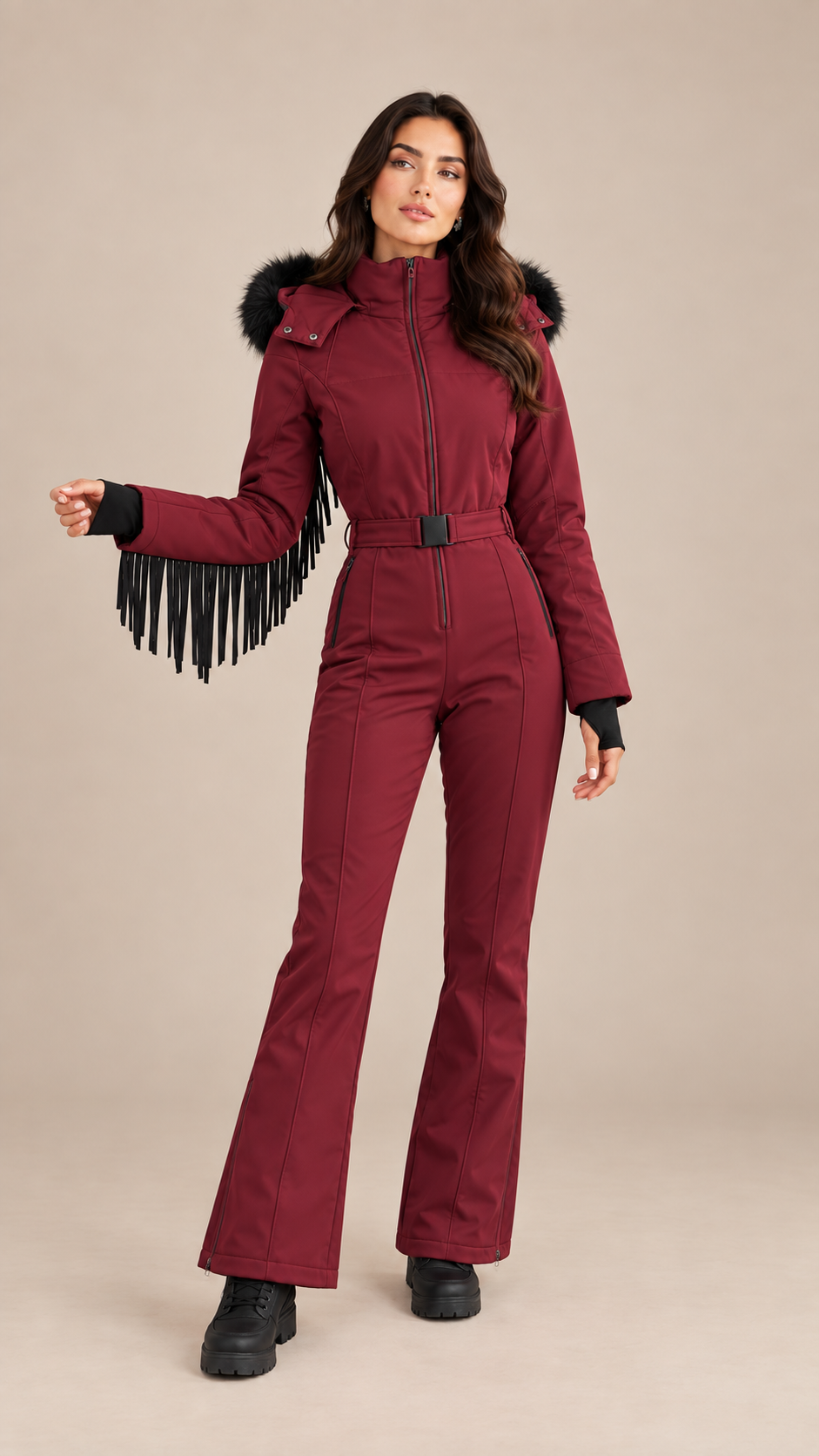 Aspen Fringed Ski Suit — Wine red model front