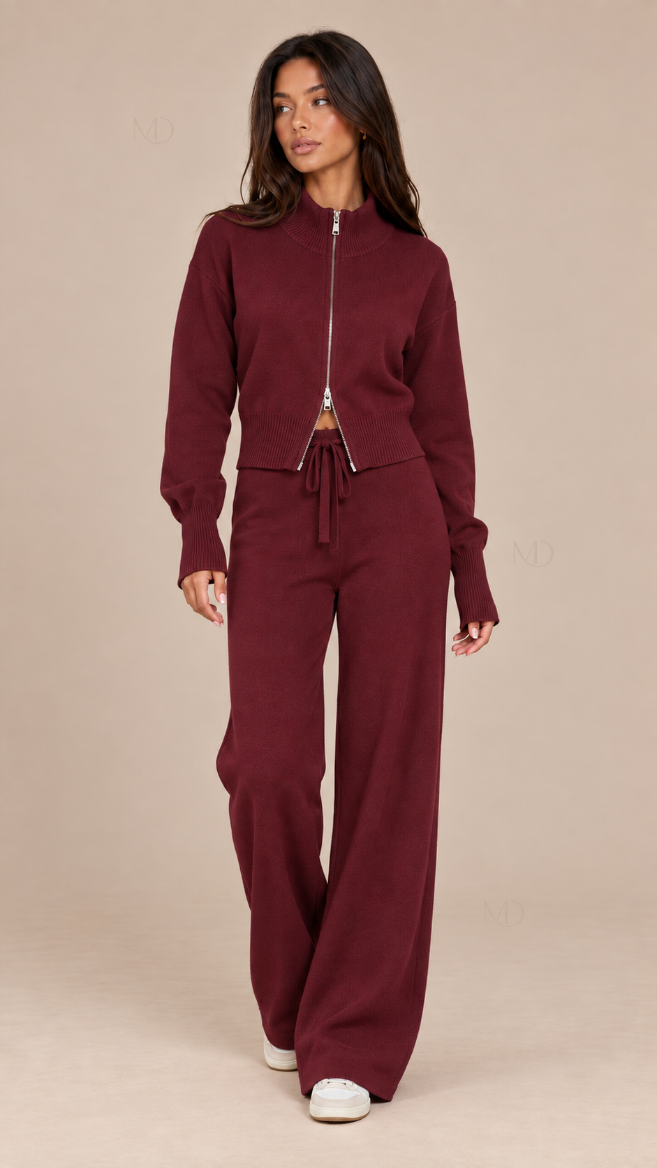 Sienna Double Zip Knit Set — Wine red model front