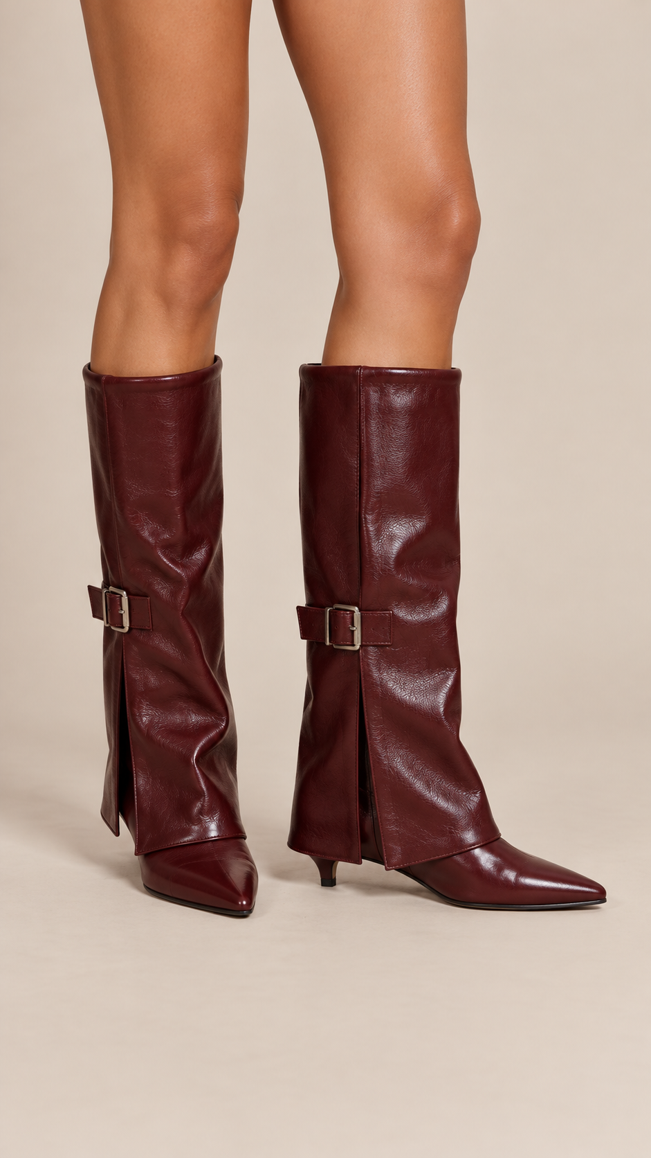 Dara Foldover Knee Boots — Wine red worn closeup