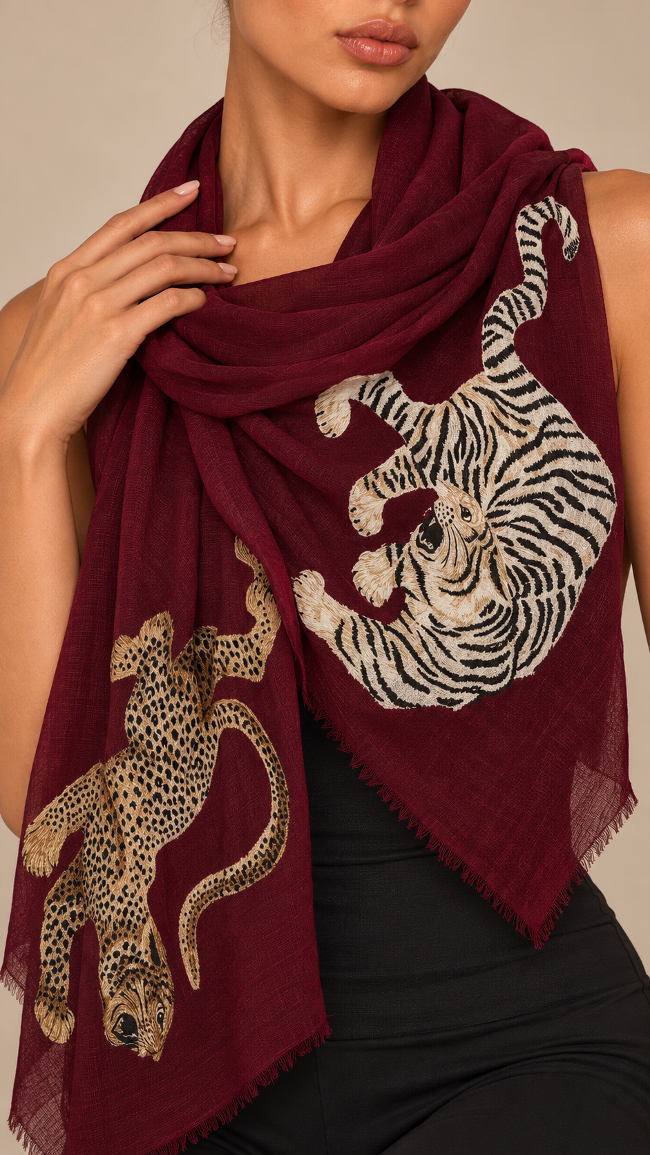 Ambrosine Leopard-Tiger Scarf — Wine red worn closeup