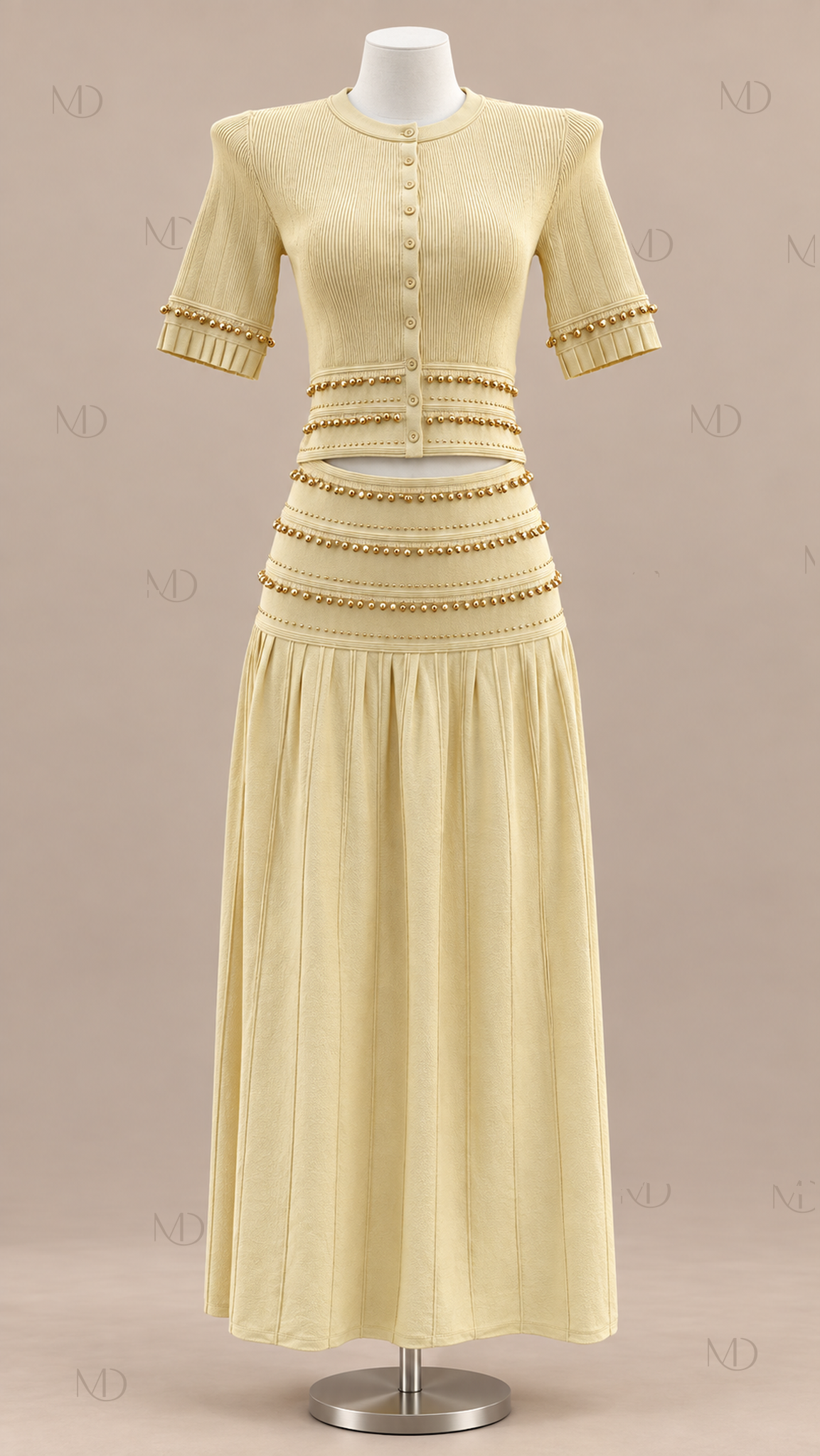 Seraphine Beaded Knit Skirt Set — Yellow mannequin front