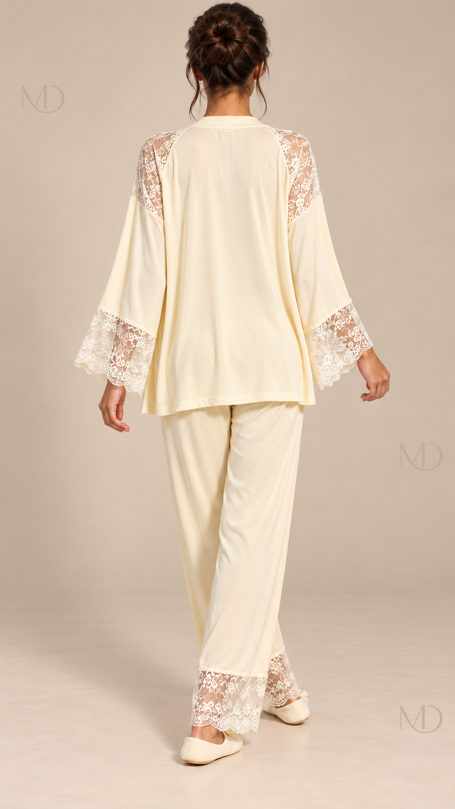 Fabiola Lace-Trim Pajama Set — Yellow model back