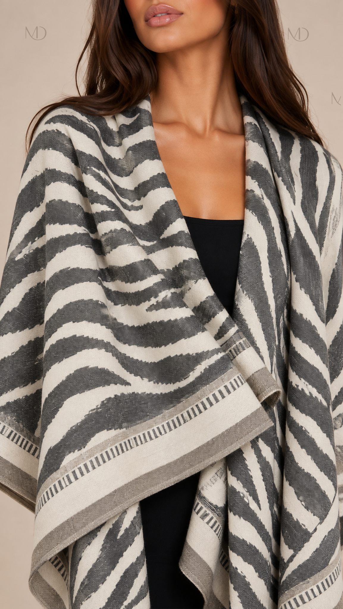 Odette Jacquard Shawl Cape — Zebra Print Gray worn closeup