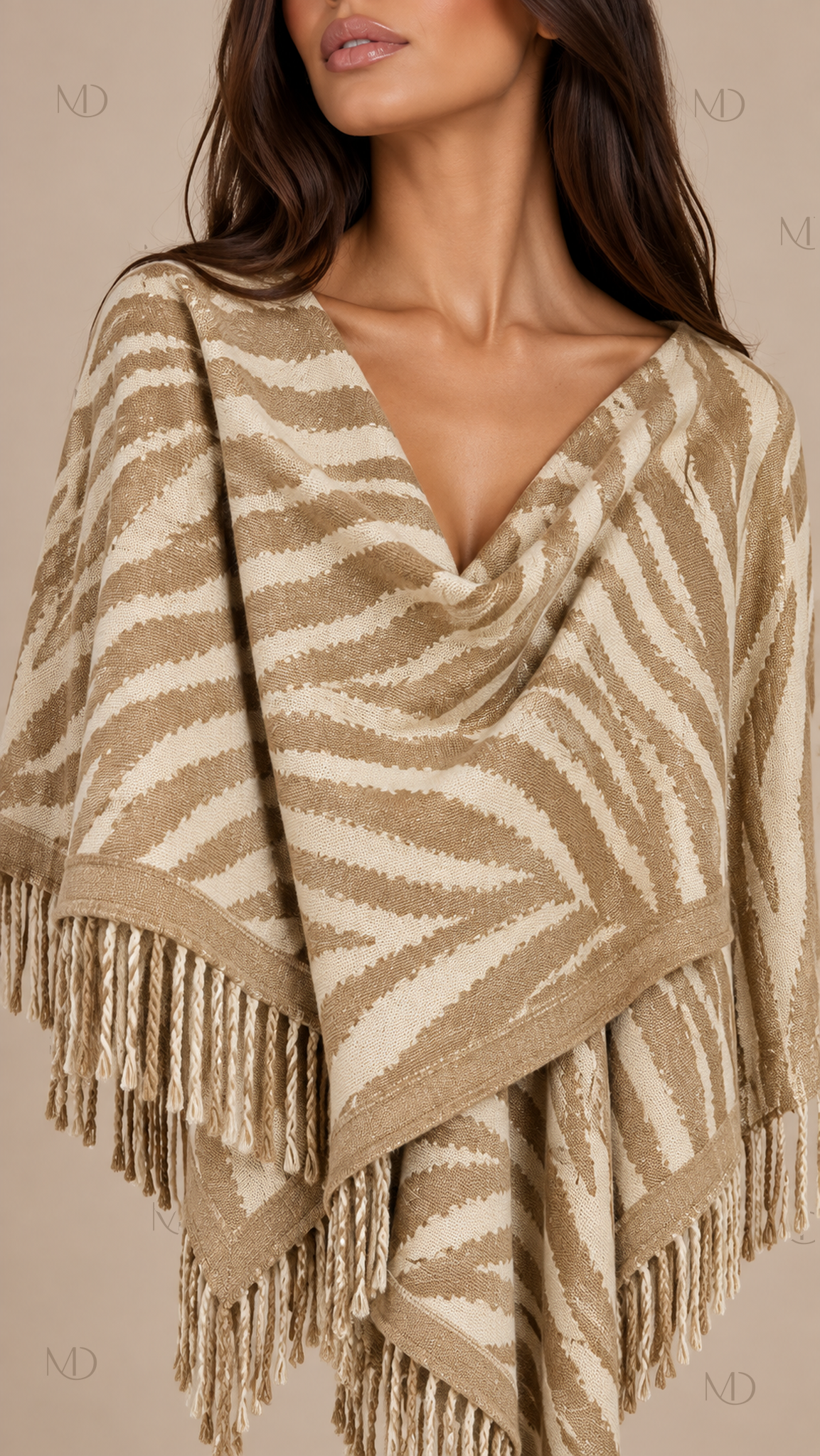 Odette Jacquard Shawl Cape — Zebra Print Khaki worn closeup