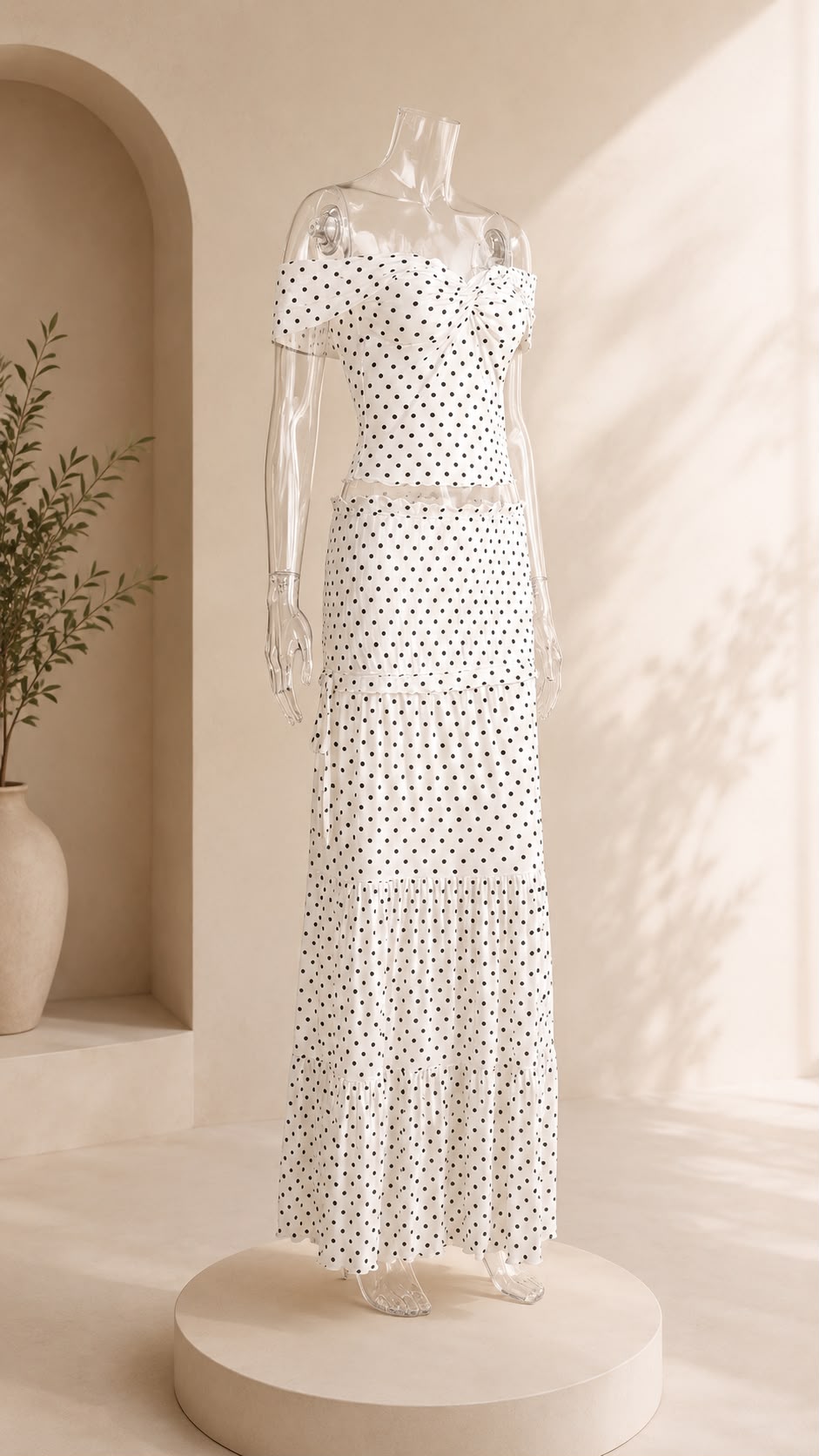 Polka Dot Off-Shoulder Top & Ruched Maxi Skirt Set