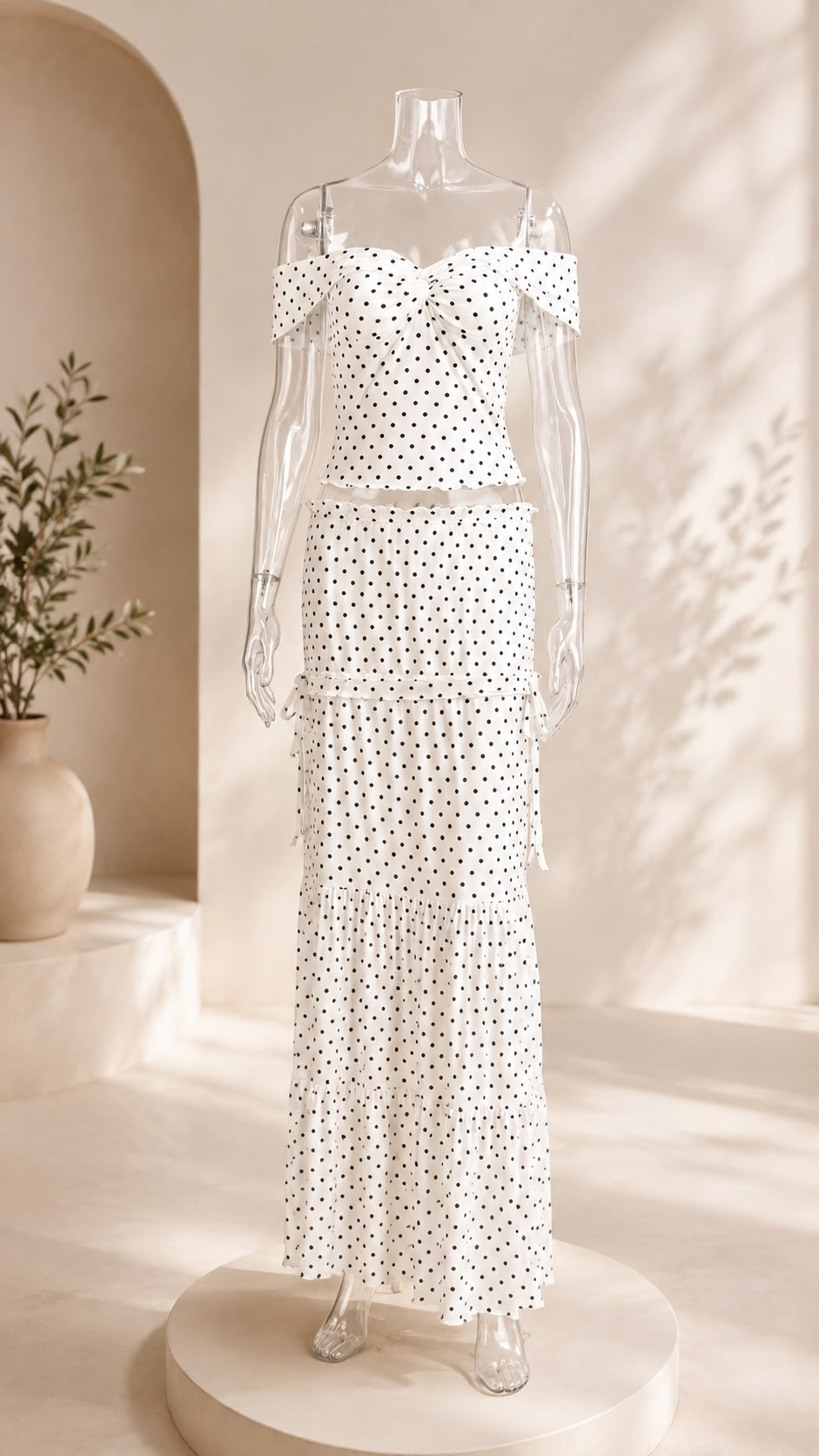 Polka Dot Off-Shoulder Top & Ruched Maxi Skirt Set
