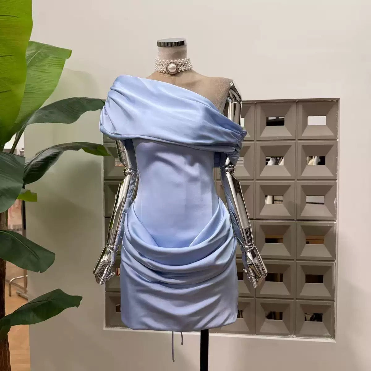 Asymmetric Draped Satin Bodycon Mini Dress