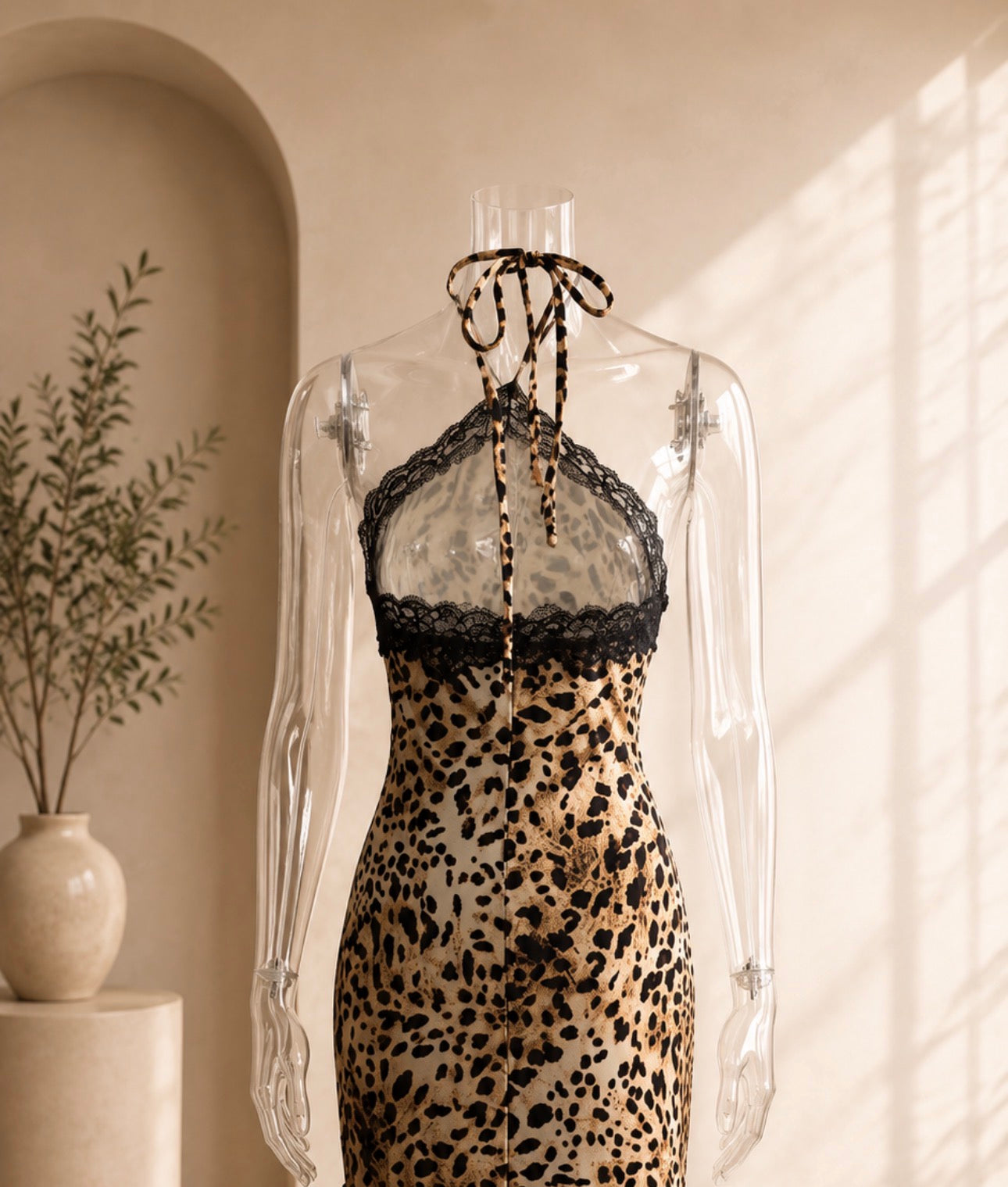 Leopard Lace Panel Halter Maxi Dress