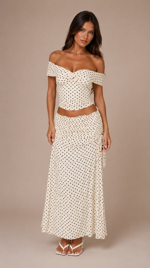 Polka Dot Off-Shoulder Top & Ruched Maxi Skirt Set