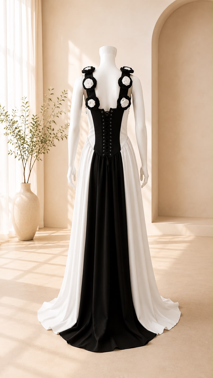 Striped Rosette Strap High-Slit Bandage Maxi Dress