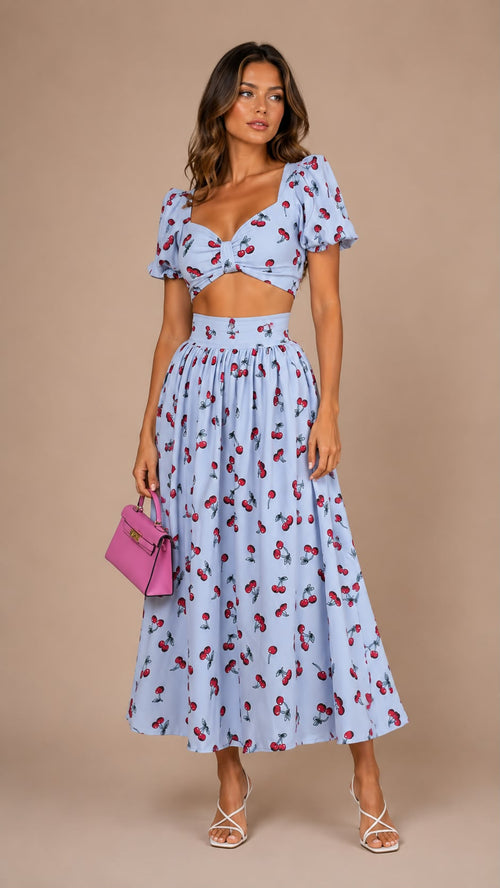 Cherry Print Puff Sleeve Crop Top & Maxi Skirt Set