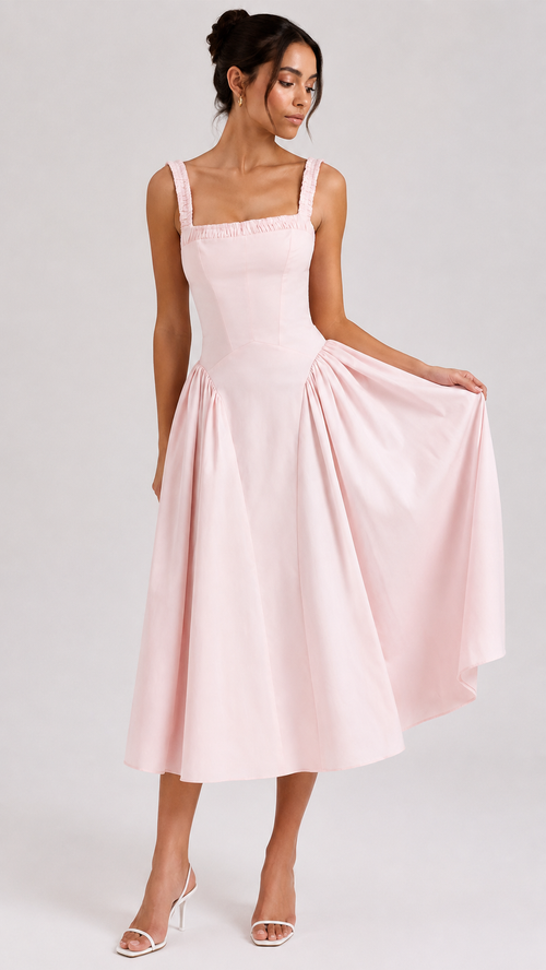 Ruffle Strap Gathered Fit-and-Flare Maxi Dress