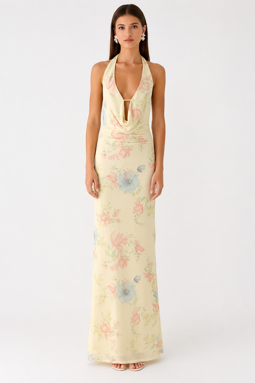 Golden Bloom Halter Maxi Dress