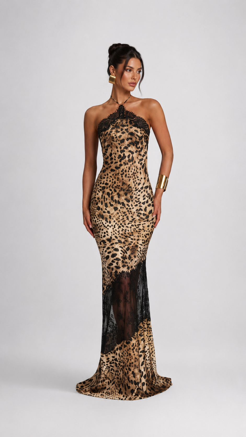 Leopard Lace Panel Halter Maxi Dress