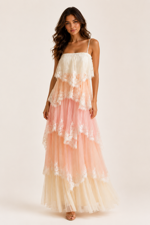 Pechella Mesh Cake Maxi Dress