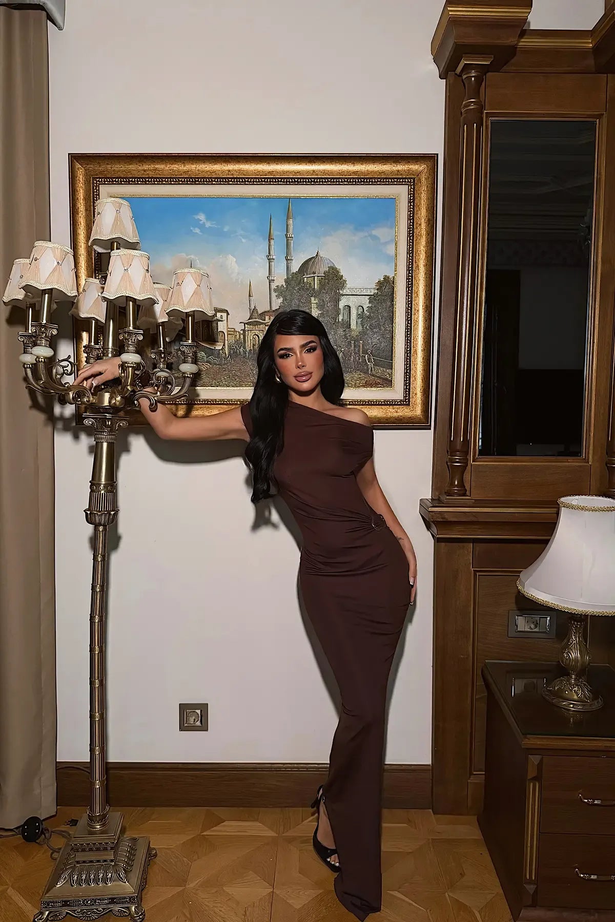 Dark Brown Long Dress with Buckle Detail