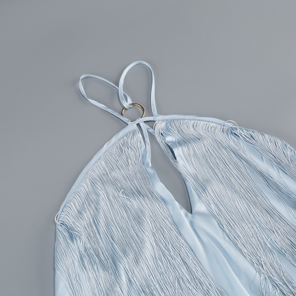 Fringed Halter Asymmetric Train Gown